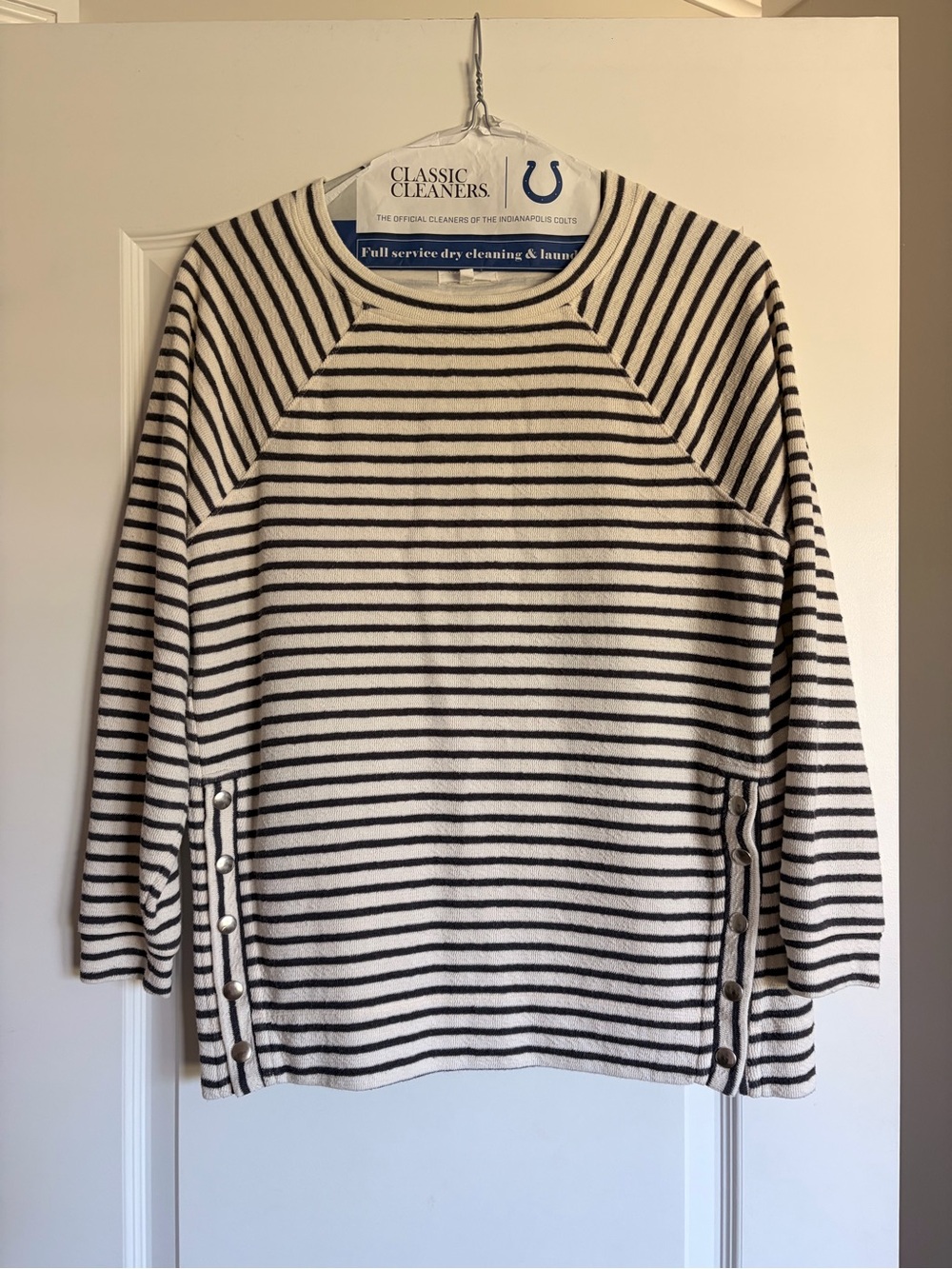 Lou & Grey Cream and Black Striped Button-Side Crewneck Sweater